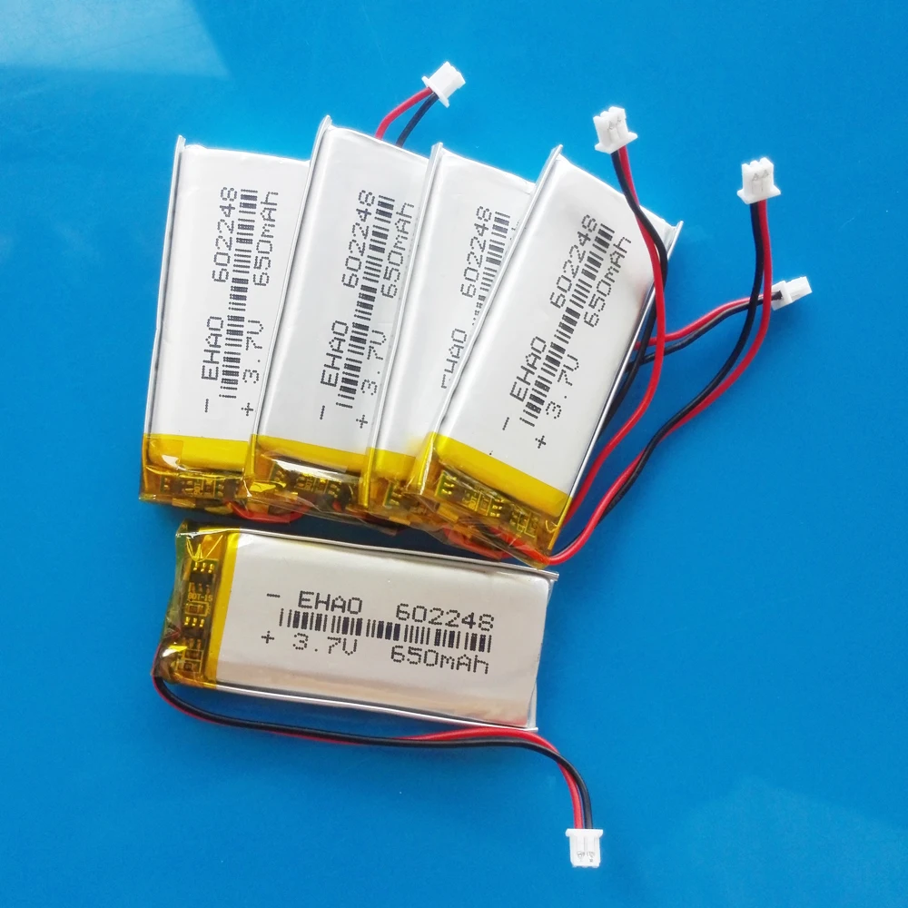 

5 pcs 650mAh 3.7V lipo polymer lithium rechargeable battery JST 1.25mm 2pin plug 602248 for MP3 GPS recorder headset camera