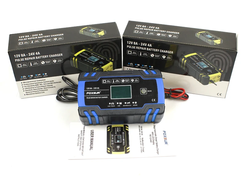 FOXSUR автомобиля Мотоциклетные батареи Зарядное устройство 12V 8A 24V 4A смарт-устройство для быстрой зарядки для AGM гель мокрый EFB свинцово-кислотный Батарея Зарядное устройство
