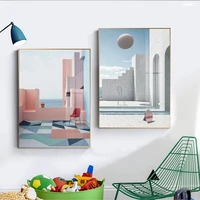 modern seaside color building canvas painting nordic posters and prints landscape wall art pictures for living room home decor