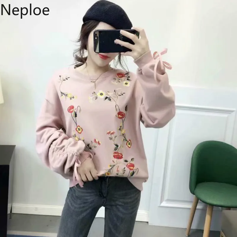 Neploe Корейская Милая Цветочная вышивка толстовки с круглым вырезом длинными