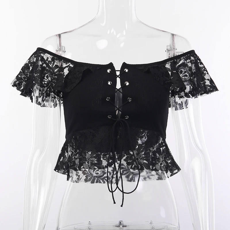 Женские кружевные топы Goth Dark черные с вырезом лодочкой и коротким рукавом
