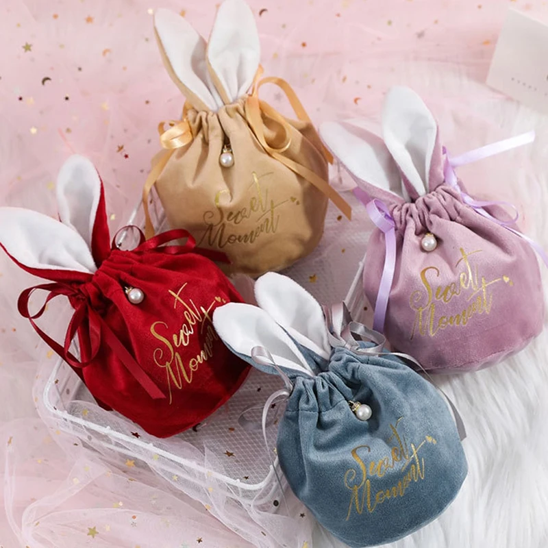 

1PCS Drawstring Bags Long Ear Bag Cute Easter Bunny Chocolate Candy Pearl Bags Kawaii Gift Packing