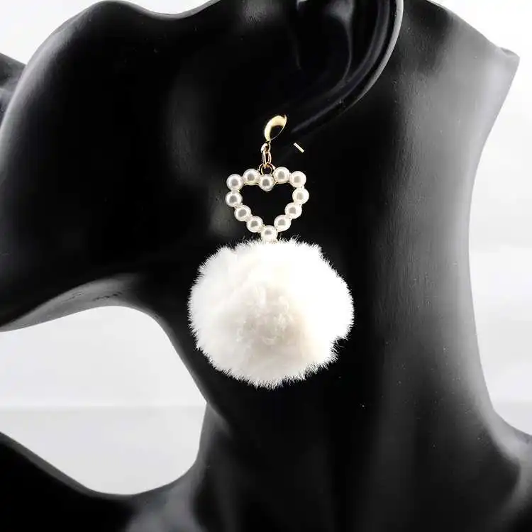 Rabbit Fur Ball PomPom heart Earrings for Women Unique Soft Pom tiny stimulate pearl Earring Jewelry Cute Christmas Gift | Украшения и