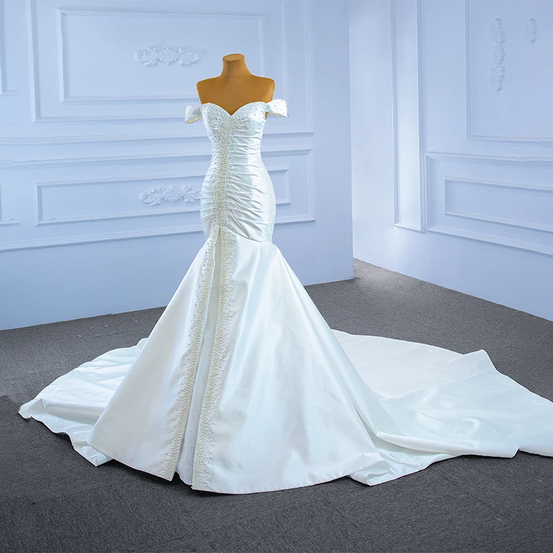 RSM67285 White Tight Wedding Dress Bride Attending Banquet Marriage Support Custom Inlaid Pearl Fishtail Gown robe de mariée