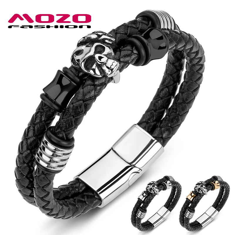 

2020 New Men Bracelet Braided Genuine Leather Stainless Steel Rose Skull Punk Bangle Skeleton Jewelry