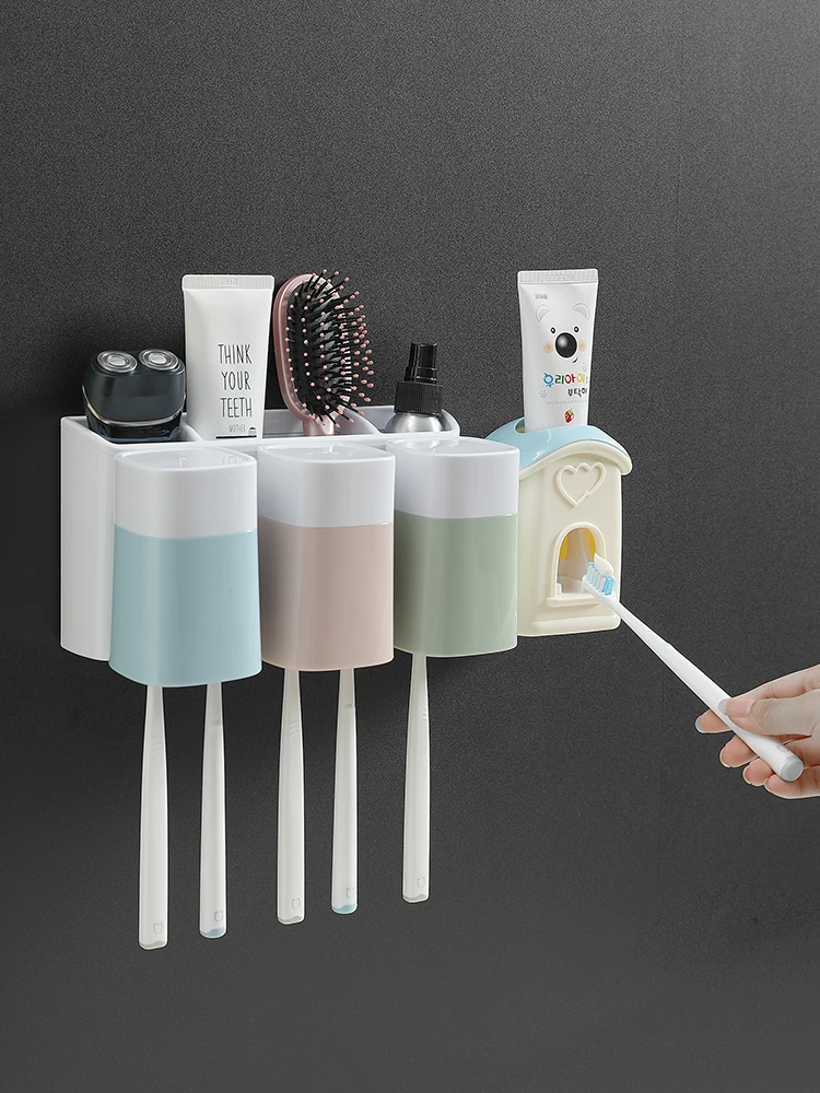 

ECOCO 3 Cups Upside-Down Toothbrush Cup Storage Rack Wall-Mounted Non-Perforating Bathroom Utensils Dustproof Storage Rack