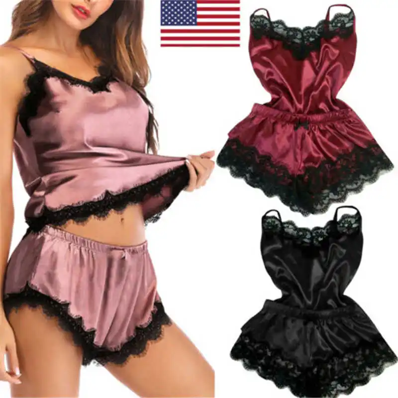 Американское нижнее белье атласная пижама Babydoll 2x Шелковый комплект кружевные