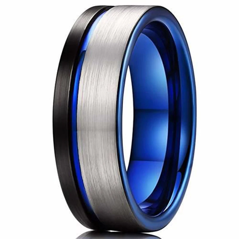 

Trendy 8mm Tricolor Stainles Steel Rings For Men Thin Blue Groove Beveled Edge Black Matte Finish Promise Rings Men Wedding Band