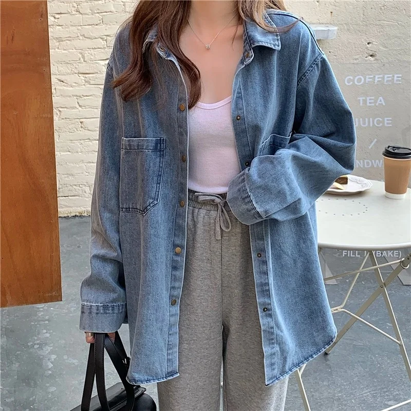 

Fried Street Work Clothes Cowboy Coat Women's Spring and Autumn New Korean Version Large Fat Sister Loose Long Sleeve Casual