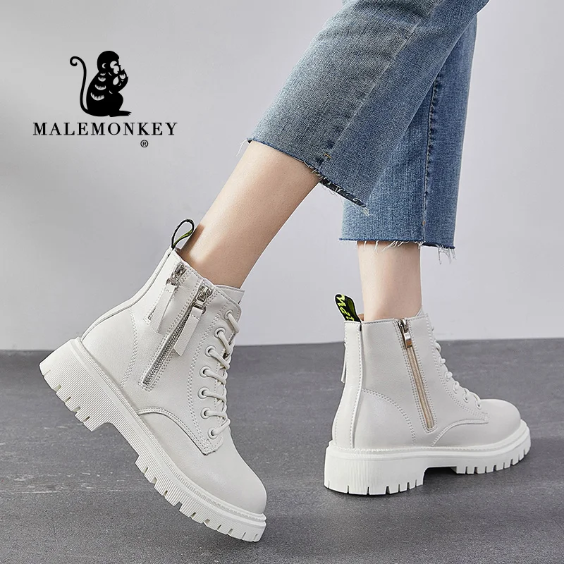 

Fashion Platform Ankle Boots Women Shoes White 2021 Autumn Lace Up Motorcycle Non-slip Rubber Sole Comfortable Female Boots