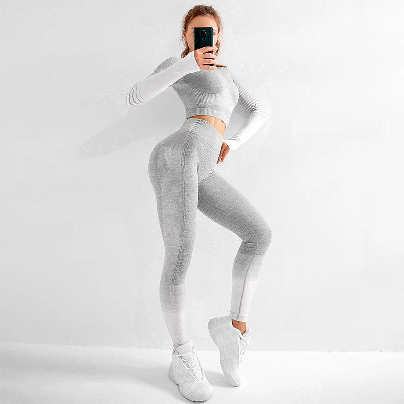 

NORMOV Seamless Women Sets O Neck Long Sleeve Pullover And High Waist Push Up Trousers Suit Autumn Fitness Femme Sets