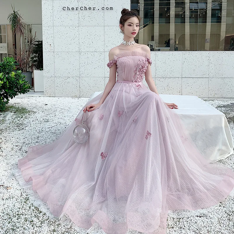 

Elegant Ruffles Boat Neck Evening Dresses Charming Off The Shoulder Backless Appliques Floor-Length A-Line Tulle Pageant Gowns