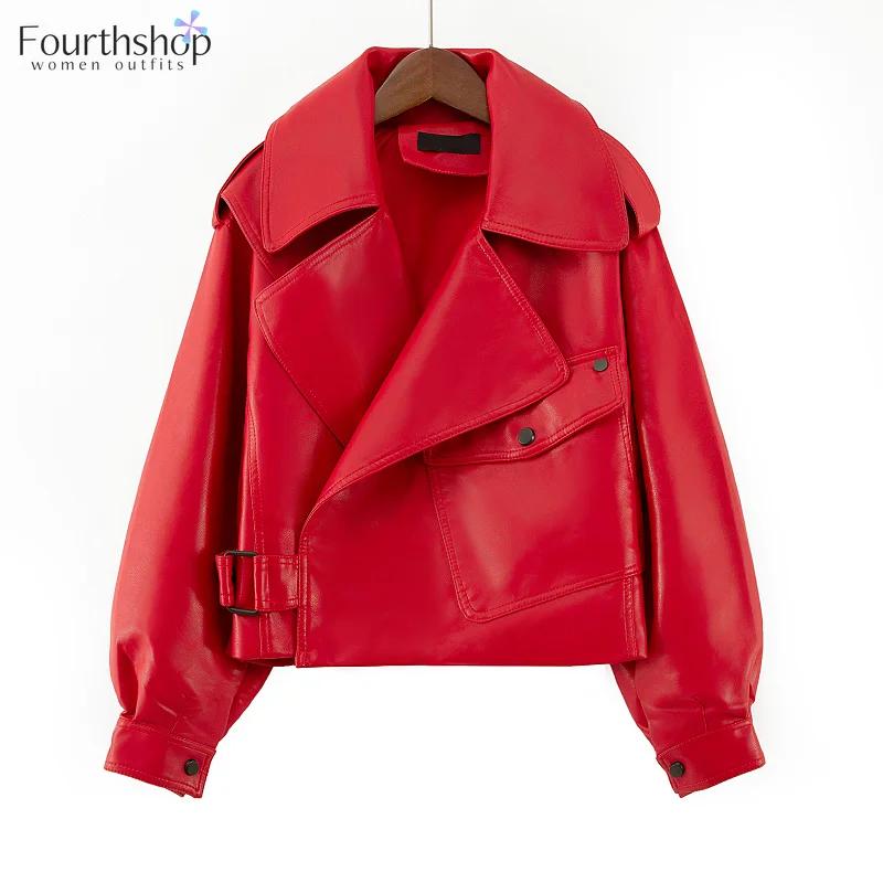 

Fashion Faux Leather Jacket Women Loose Vintage Short Biker Coat with Pocket Street Black PU Motorcycle Jackets Female Autumn