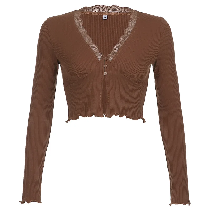 

Sweet Deep V-neck Lace Trim Crop Tops Fashion Slit Hem Long Sleeve Brown T-shirts Vintage 90s Aesthetics Top