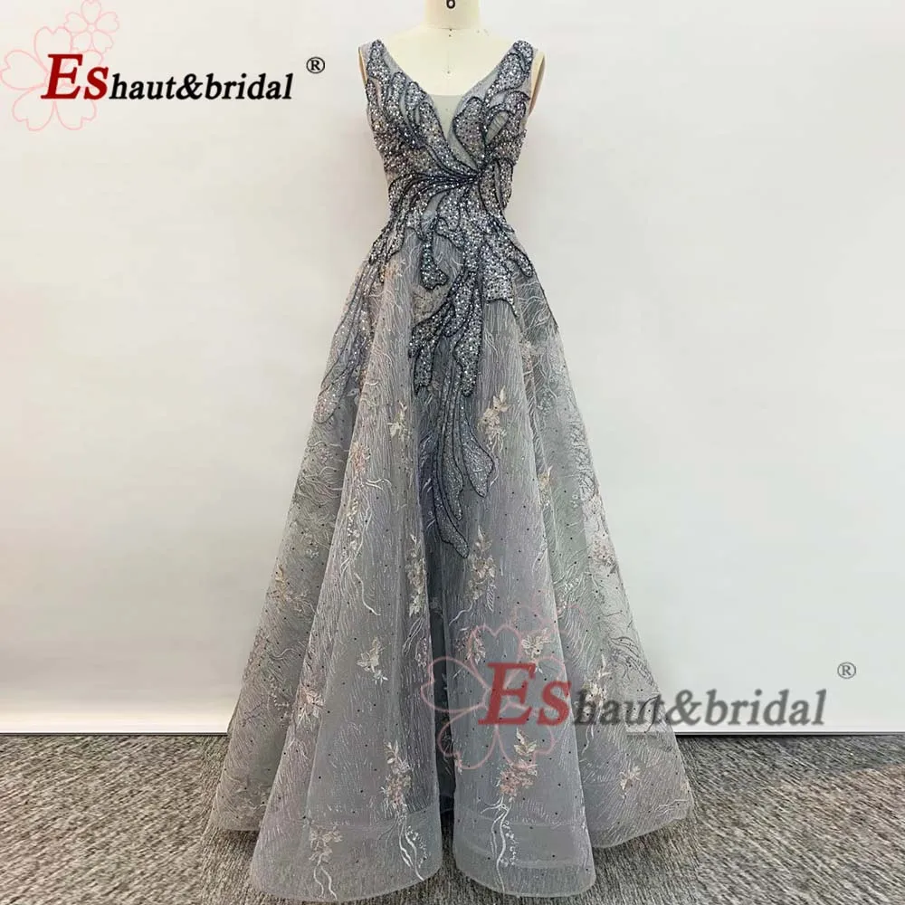 

Elegant Dubai Aline Evening Night Dress for Women 2023 Full Lace Crystal Handmade V Neck Sleeveless Long Formal Prom Party Gown