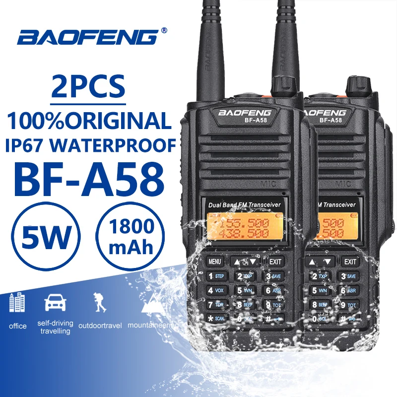 2 шт. Baofeng BF A58 IP67 Водонепроницаемый иди и болтай Walkie Talkie UHF VHF двухстороннее радио