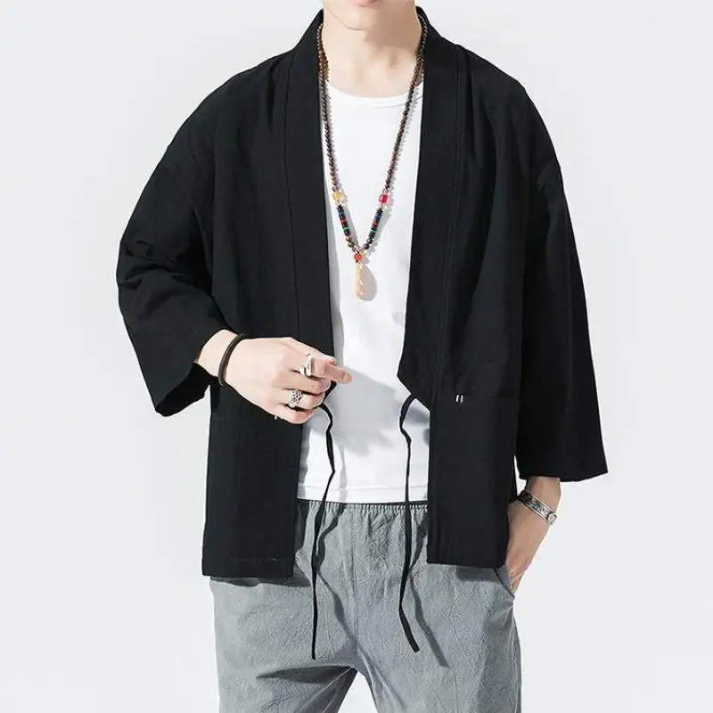 

Мужской кардиган Hanfu с рукавом 3/4, китайская рубашка из хлопка и льна, халат размера 5XL, летнее тонкое японское старинное кимоно, свободные то...