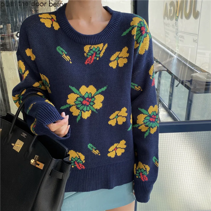 

GRUIICEEN Vintage Autumn O-neck Sweater Women Floral Pattern Long Sleeve Knitting Pullovers Loose Jumpers Casual