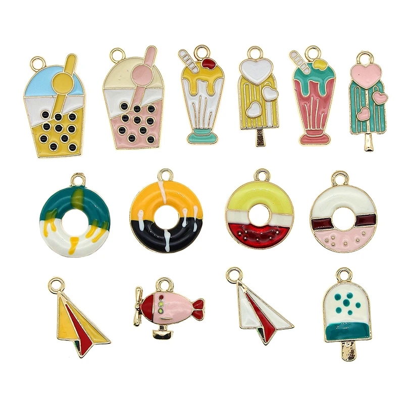 

10pcs/lot Enamel Bread Donut Milk Tea Ice Cream Paper Airplane Charms Pendant For Earring Keychain DIY Jewelry Craft Making New