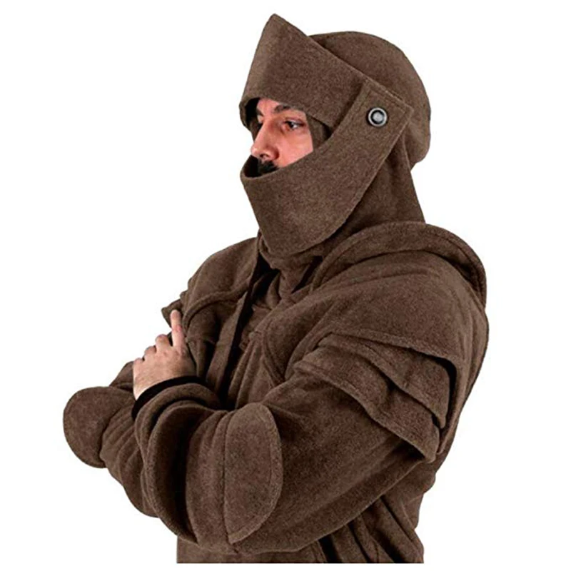 coffee Плюс размер XXXL XXL новинка Мужская Ретро Solider маска локоть Кнопка пуловер длинный рукав с капюшоном Толстовка пальто - Цвет: coffee