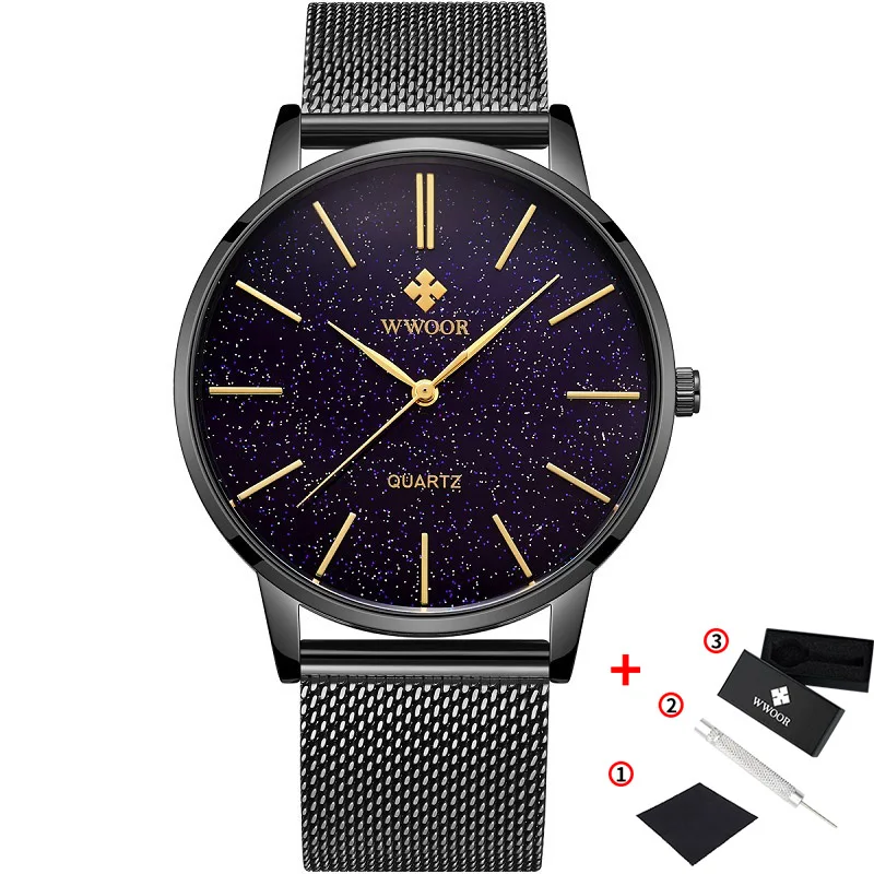 W Black WWOOR, полностью черные, звездная поверхность, модные мужские часы, лучший бренд, Роскошные, повседневные, тонкие, сетчатые, стальные, водонепроницаемые часы, Relogio Masculino - Цвет: W Black
