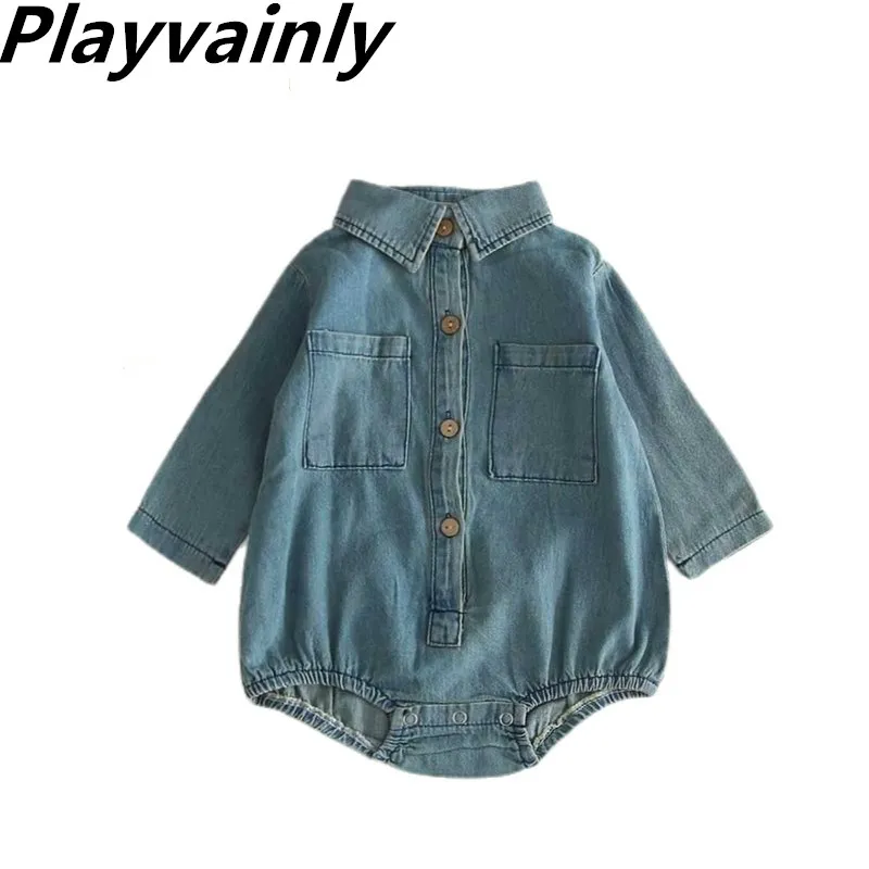 

Wholesale Baby Bodysuits 2020 Autumn Newborn Blue Denim Long Sleeve Romper Overalls Baby Boy Girl Clothes 0-3Y E29310