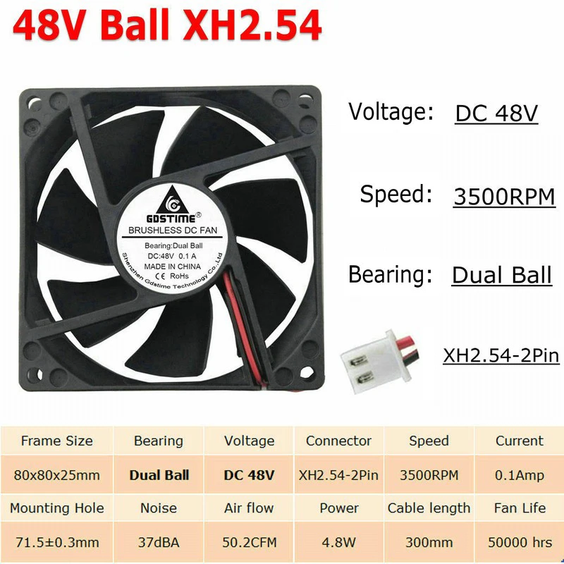 48V Ball 2Pin 2 шт./Партия шар 8 см 80 мм x 25 мм 8025 5 в 12 В 24 в 48 в DC бесщеточный чехол для компьютера PC cpu вентилятор охлаждения кулер 2 Pin 3Pin радиатор - Цвет лезвия: 48V Ball 2Pin