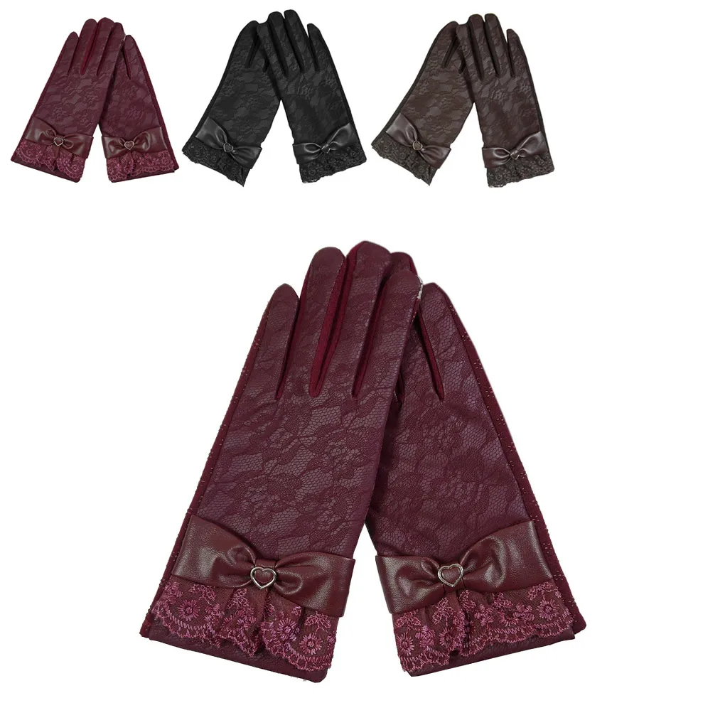 Элегантные женские перчатки для вождения с кружевным бантом кожаные зимние
