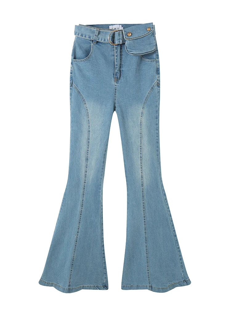 

2020 Sexy Womens Elasticity Blue Vintage High Waist Spliced Slim Bow Blet Bag Flare Pants Girl Female Jeans Denim E140