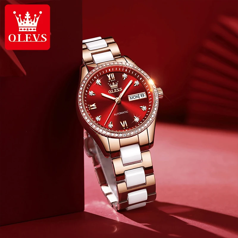 OLEVS New Women Mechanical Day Date Display Casual Fully Automatic Luminous Watch Hands Waterproof Stainless Steel Strap Watches enlarge