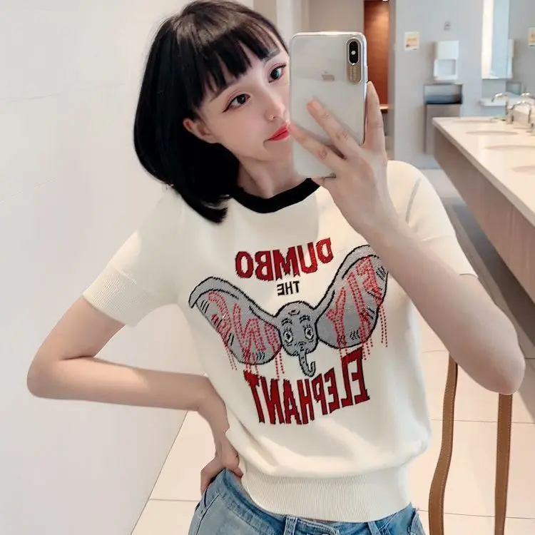 

Ice silk short sleeve knitted round neck 2021 summer new T-shirt