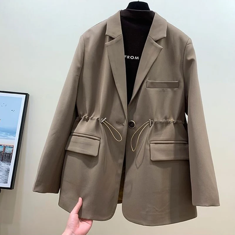 

2021 Spring New One Piece Suit Plus Size Women Casual Suits Jacket Womens Clothing Loose One Button Blazer Outerwear Beige 4XL