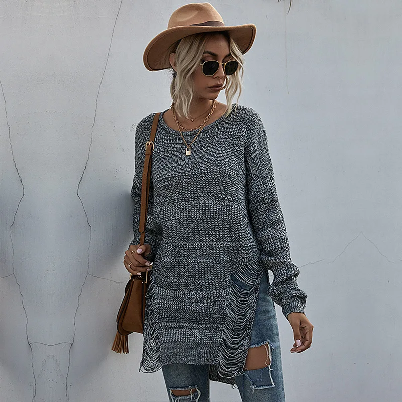 

Donsignet Fashion Women's Sweater New Casual Round Neck Pullover Solid Color Hole Crochet Knitted Long Sleeve Sweater