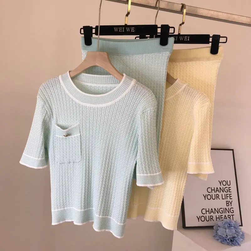 

Fashion Casual Knitted 2 Piece Set Women Outfit Short Sleeve Pullover Sweater + Mini Skirts Sets Summer Thin Two Piece Suits