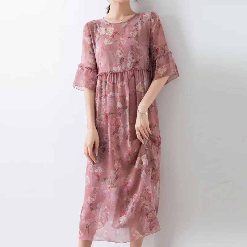 

Платье женское, длинное, розовое, шелковое, с цветочным принтом, для пляжа и офиса, Роскошные, вечерние, 2020