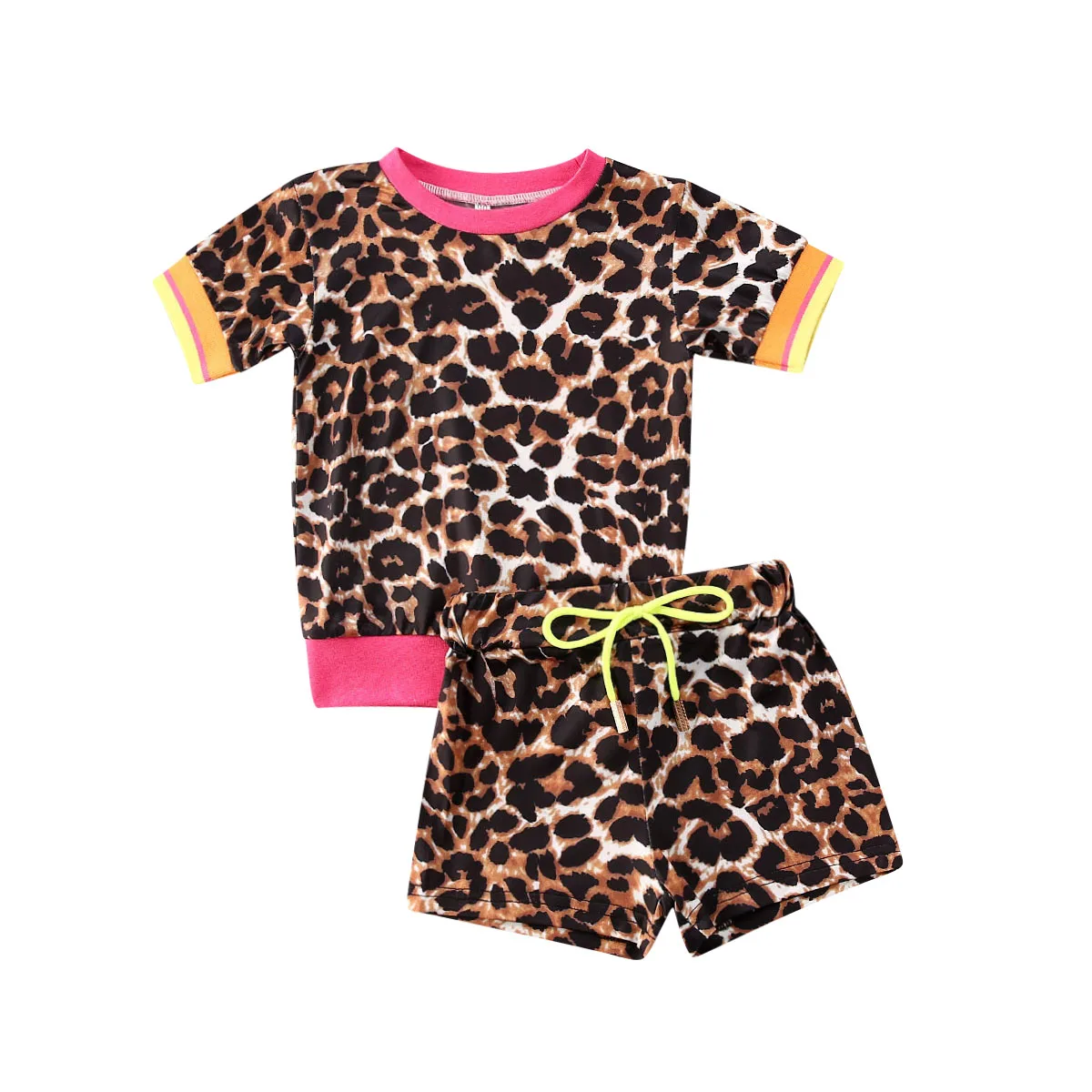 

NEW 2021 Summer Toddler Kid Baby Girls Clothes Sets Leopard Print Short Sleeve T Shirts Tops+Shorts 2pcs