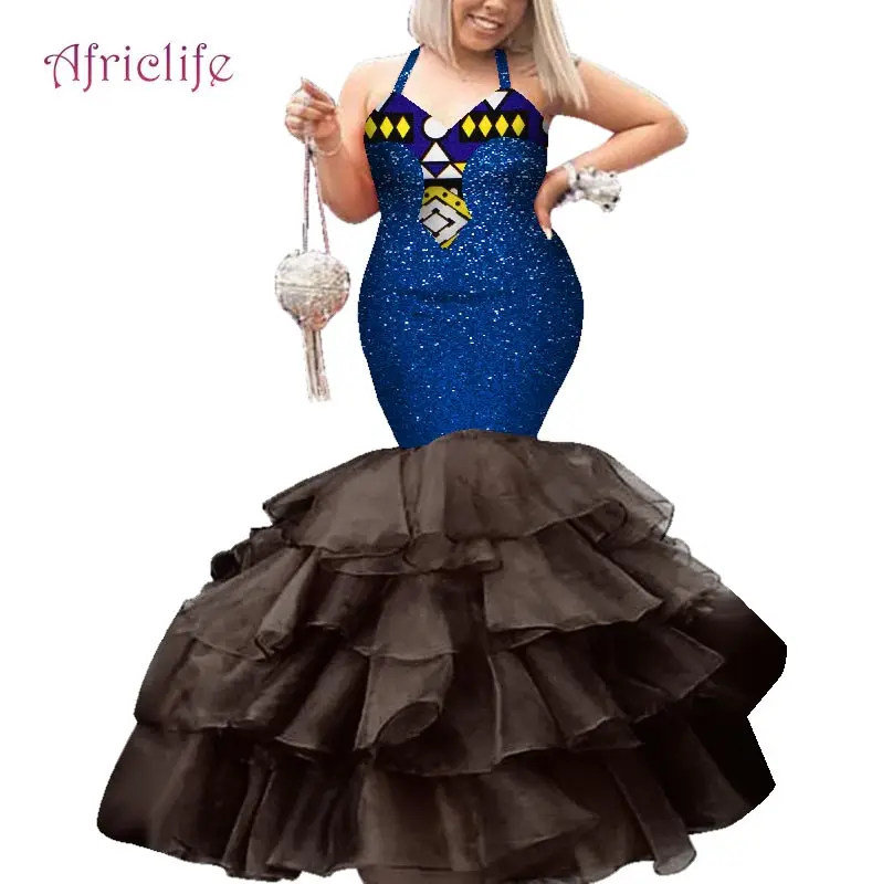 African Wedding Dress for Women Bride Halter Sleeveless Dress Zipper Ruffles Tiered Mermaid Plus Size Marriage Clothes WY4645