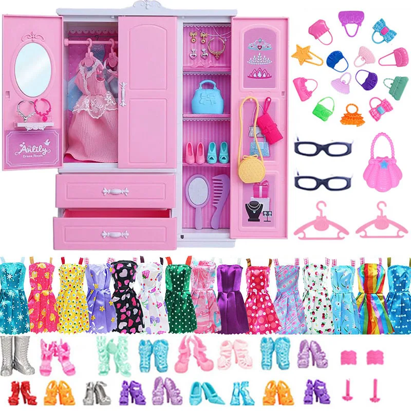Barbies-Conjunto de muebles para casa de mu&ntilde;ecas, 31 art&iacute;culos = 1 armario + 30 accesorios para mu&ntilde;ecas, vestidos, coronas, collares, zapatos para Barbie-0