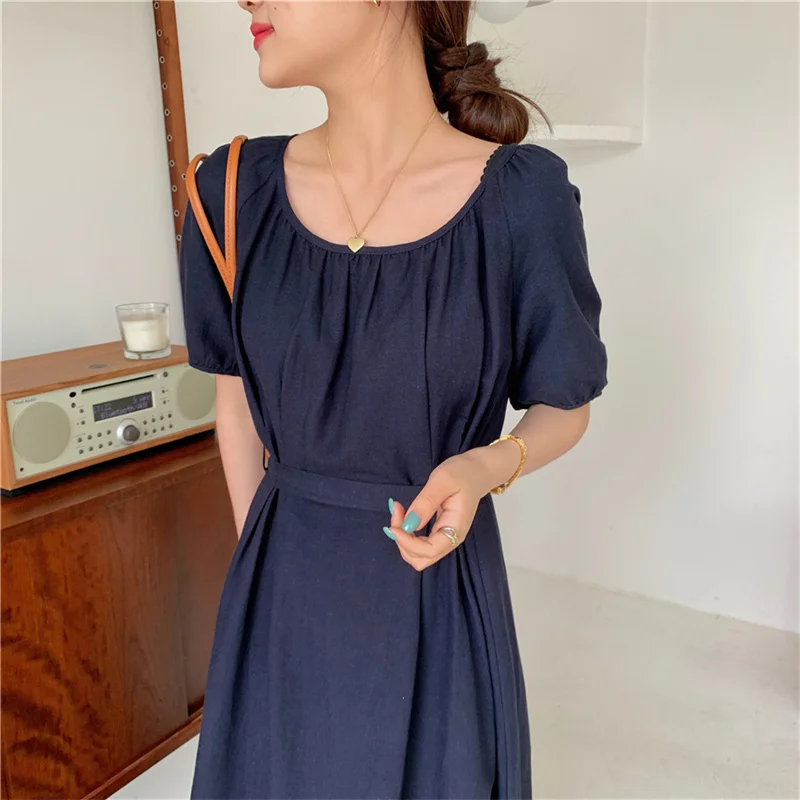 

Korean Version Of One-Piece Women'S Dress In Summer 2021 New Round Neck Casual Retro A-Line Women'S Dress With Belt