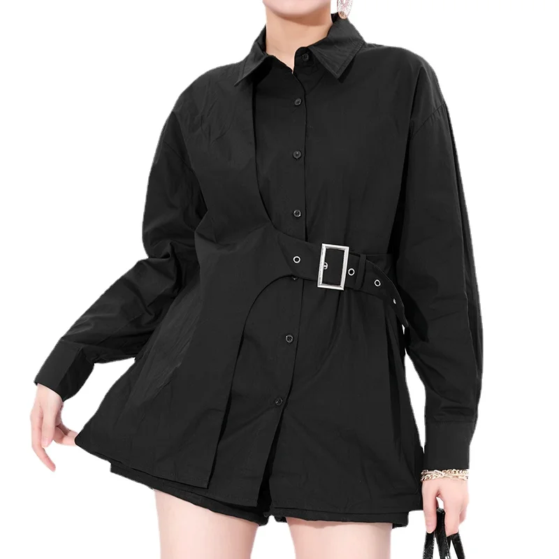 

Women Asymmetrical Buckle Shirt Women's Oversize New Lapel Long Sleeve Loose Fit Fashion Woman Blouses 2021 Spring Autumn Shirts