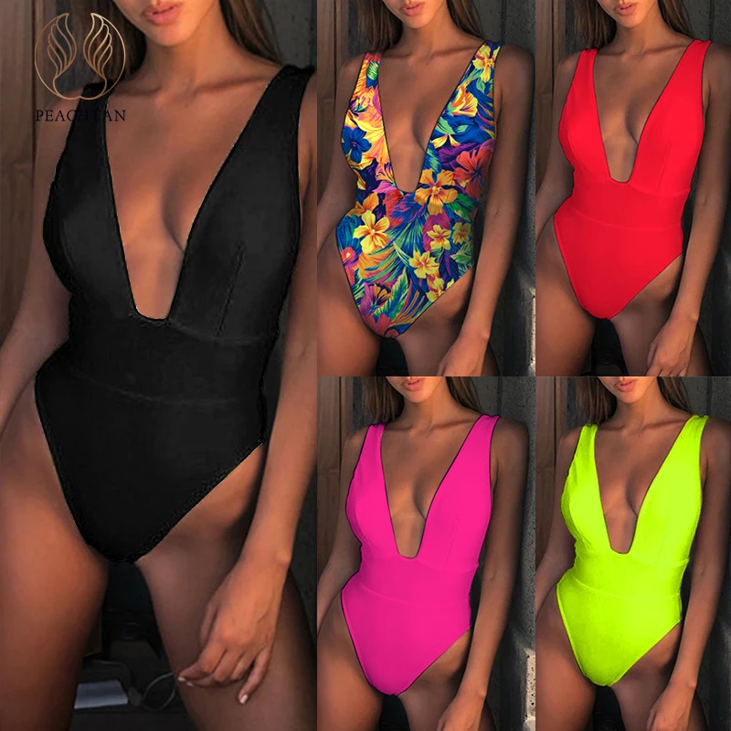 Peachtan Maillot de bain femme купальники женские боди Цельный купальник монокини с глубоким v-образным вырезом бикини пуш-ап