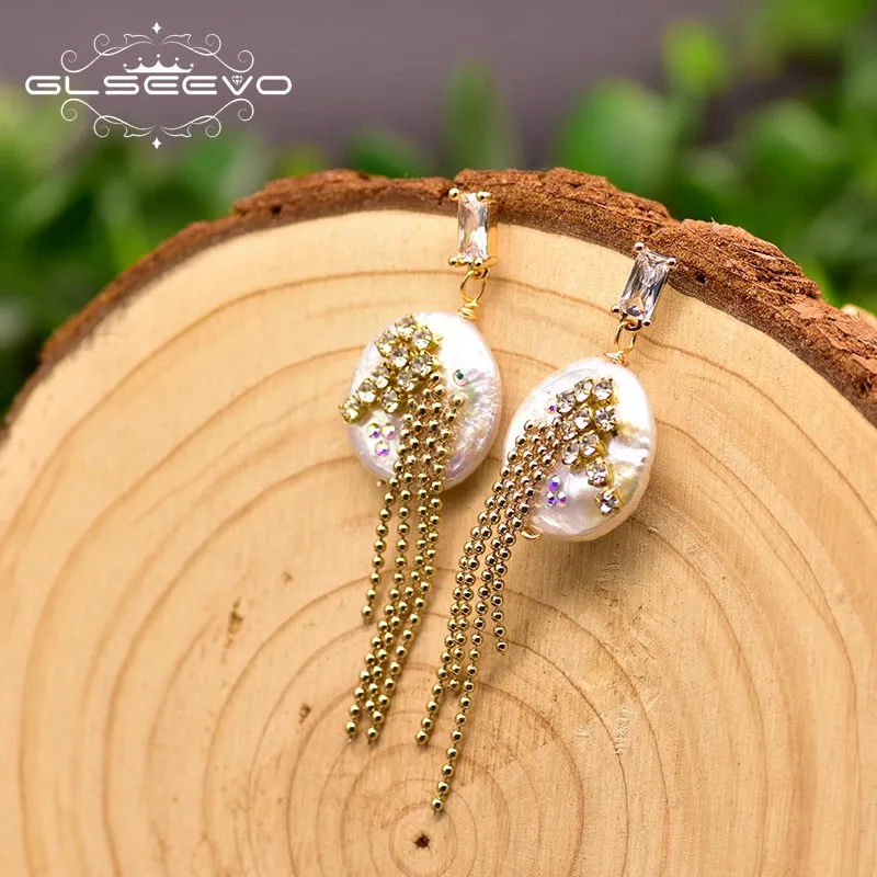 

GLSEEVO Natural Freshwater Baroque Pearl Tassel Drop Earrings For Women Lovers' Wedding Gift Fine Jewellery 2020 GE0831