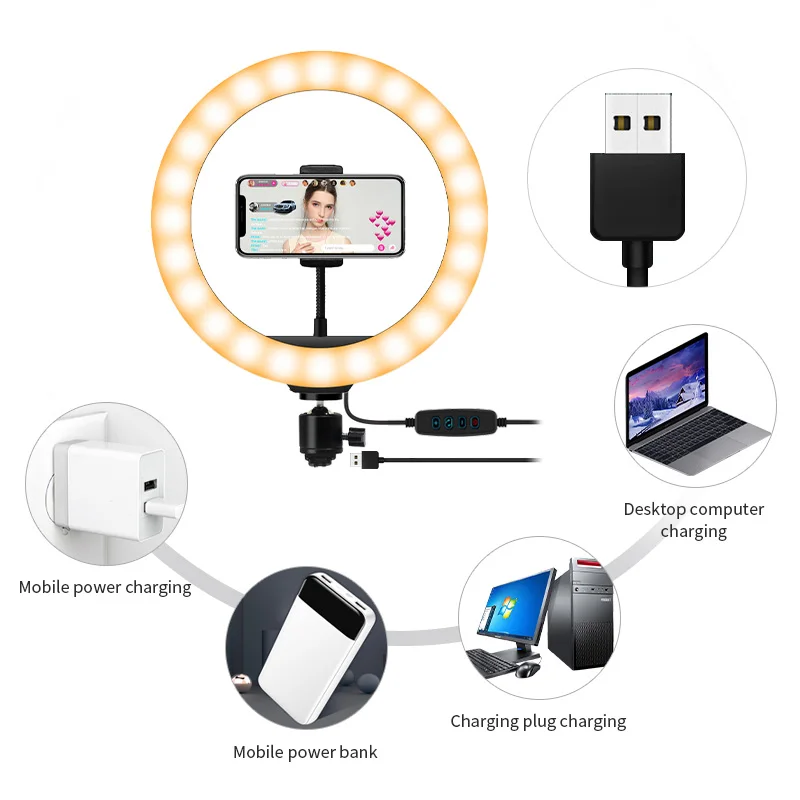 

10in Selfie Ring Lamp LED Profissional Photography Ring Light with Tripod Stand Makeup Dimmable Ring Lamp for Live Youtube Video