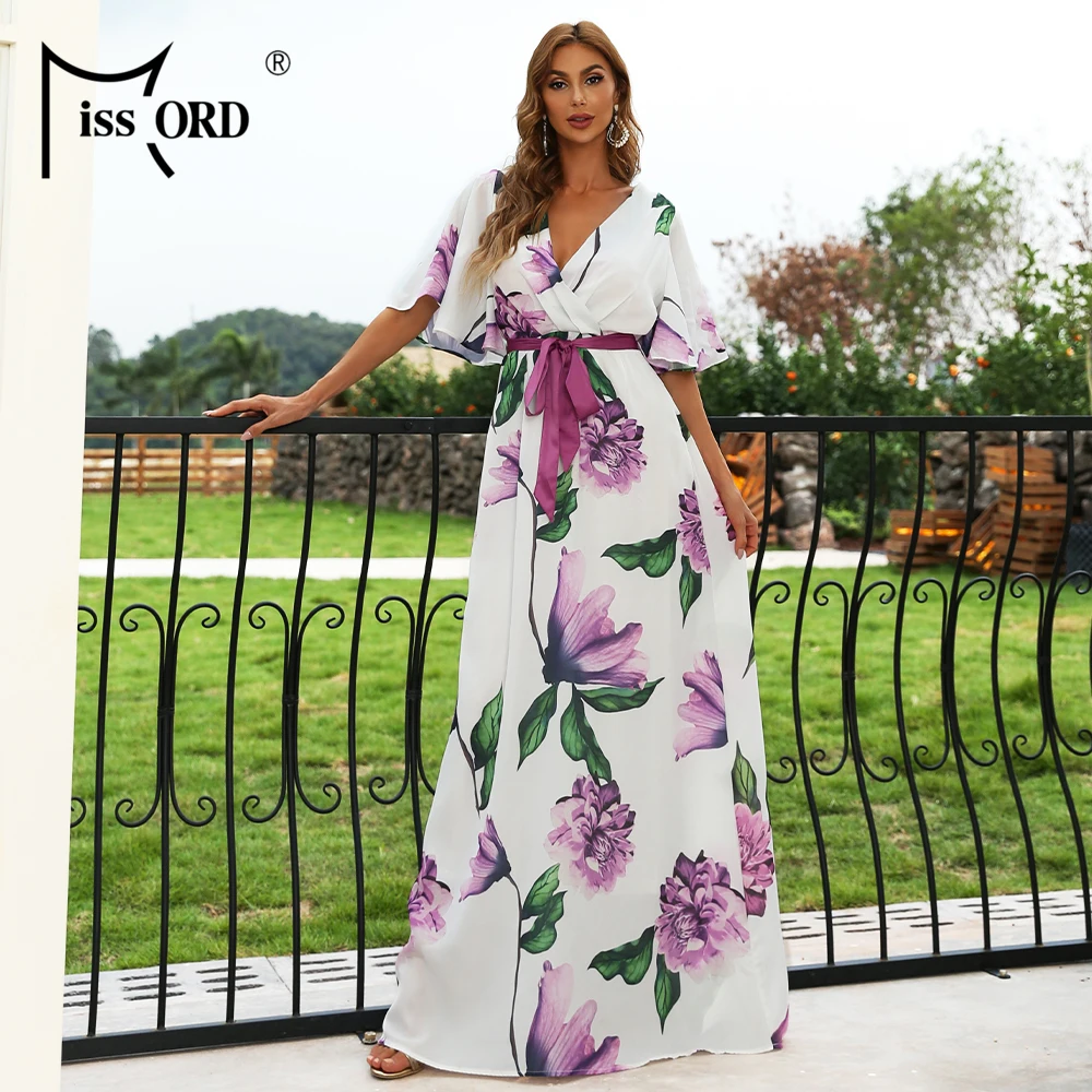 

Missord 2021 Summer Women V Neck Floral Long Dress Print Beach Boho White Self Belted Flower Sexy Maxi Dresses Vacation Causal