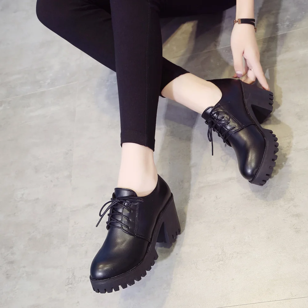 

European Women style ladies retro small shoes net red 2019 autumn new England high heels thick with professional work shoes