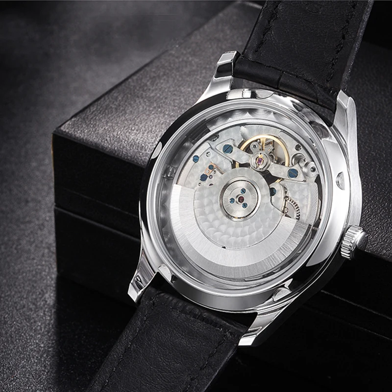 Parnis 43mm Silver Case Automatic Mechanical Men's Watch Power Reserve Black Leather Strap Men Watches heren horloge Luxury