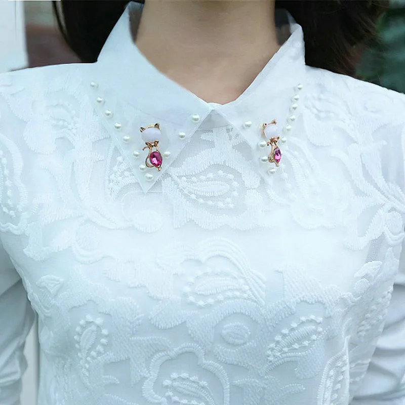 

2021 Women Spring Autumn Style Lace Blouses Shirts Lady Peter Pan Collar Long Sleeve Beading Casual Blusas Tops