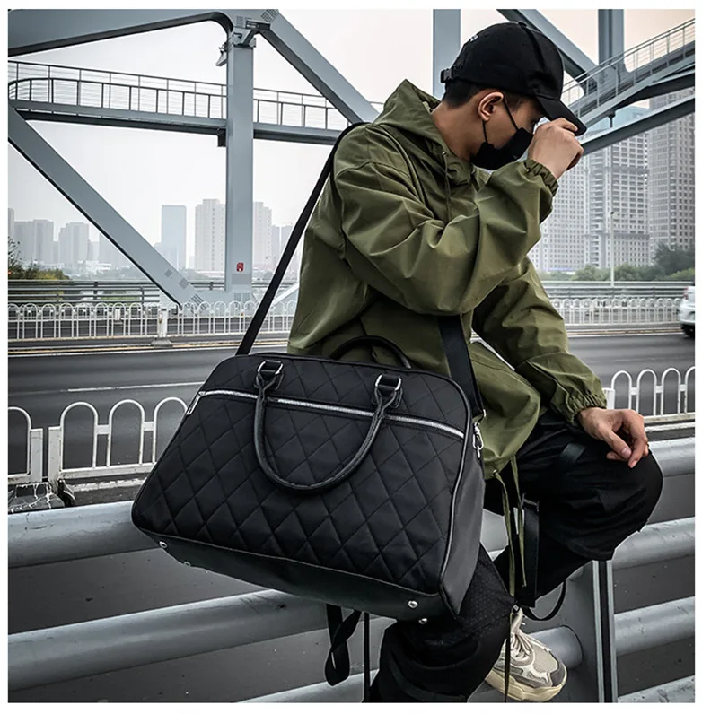 Diamond Lattice Gym Shoe Bags Sport Bag for Women Fitness Over the Shoulder Travel Luggage Bag Handbags Male Nylon Black XA745WD