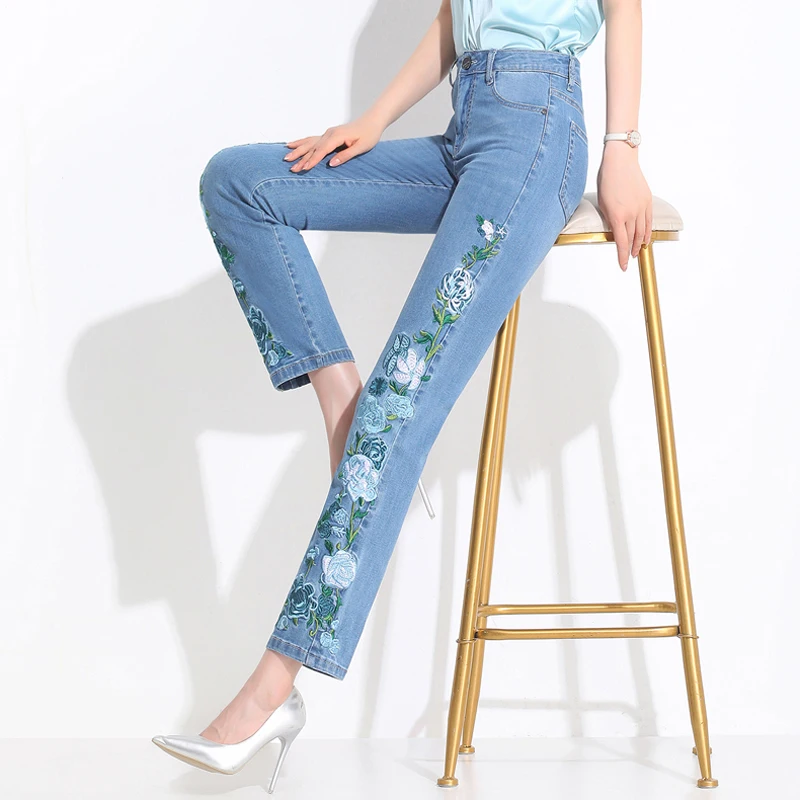 Женские тонкие джинсы с вышивкой FERZIGE повседневные Прямые брюки стрейч эффектом
