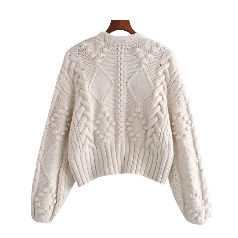 

Knitted Cardigan Women 2021New Striped Fashion Pompom Appliques Cropped Sweater Vintage Long Sleeve Female Outerwear Chic Tops